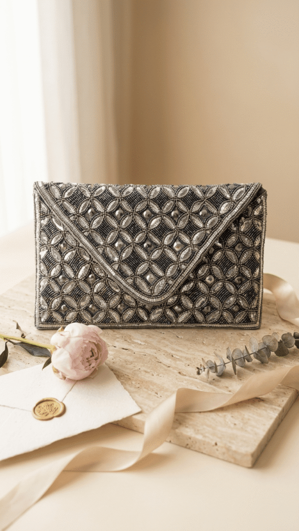 Midnight Lattice Beaded Envelope Clutch