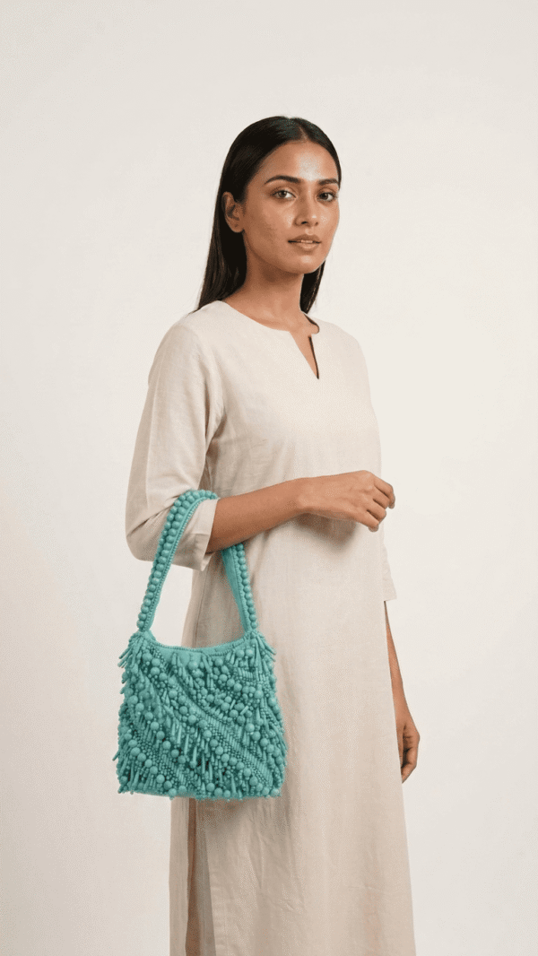 3 (3) Aqua Bloom Beaded Shoulder Potli