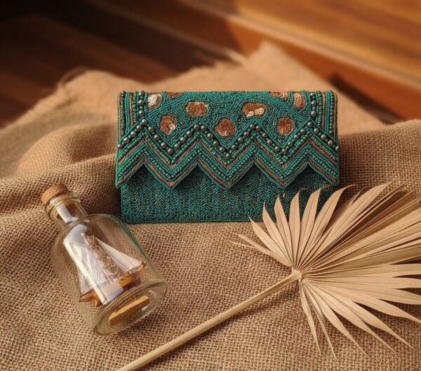 Emerald Zigzag Beaded Clutch