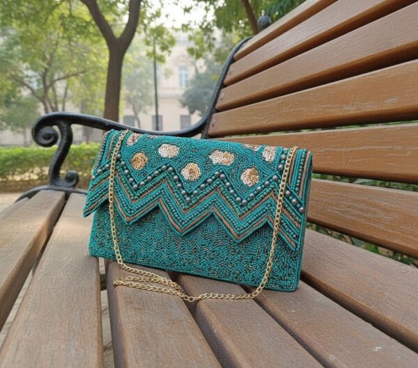 Emerald Zigzag Beaded Clutch