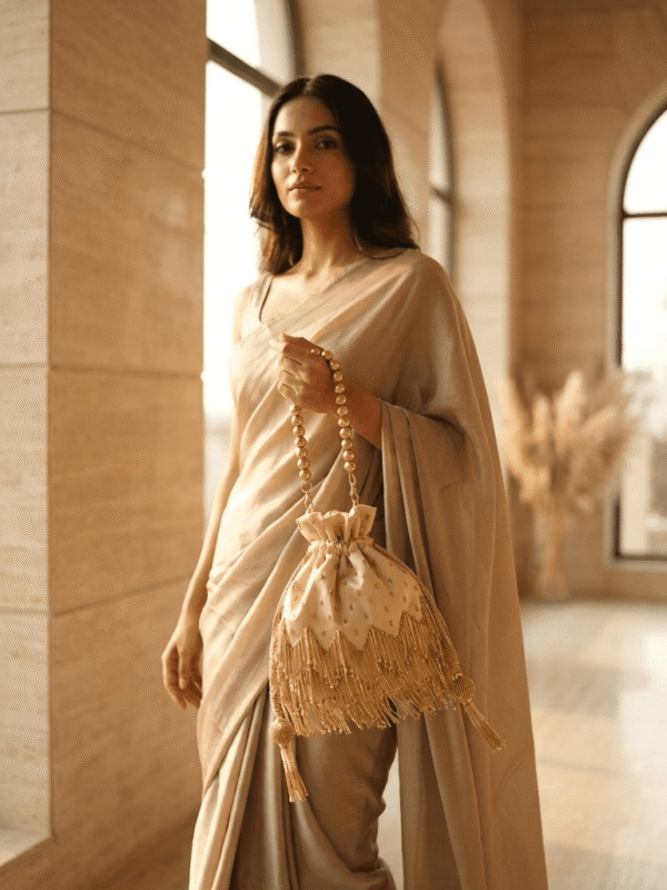 Golden Pearl Handle Potli Bag