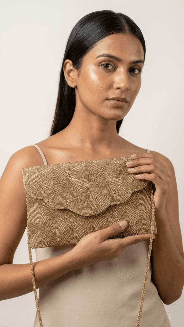 Golden Scallop Beaded Clutch Bag