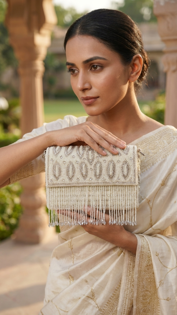 Pearl Cascade Fringe Clutch