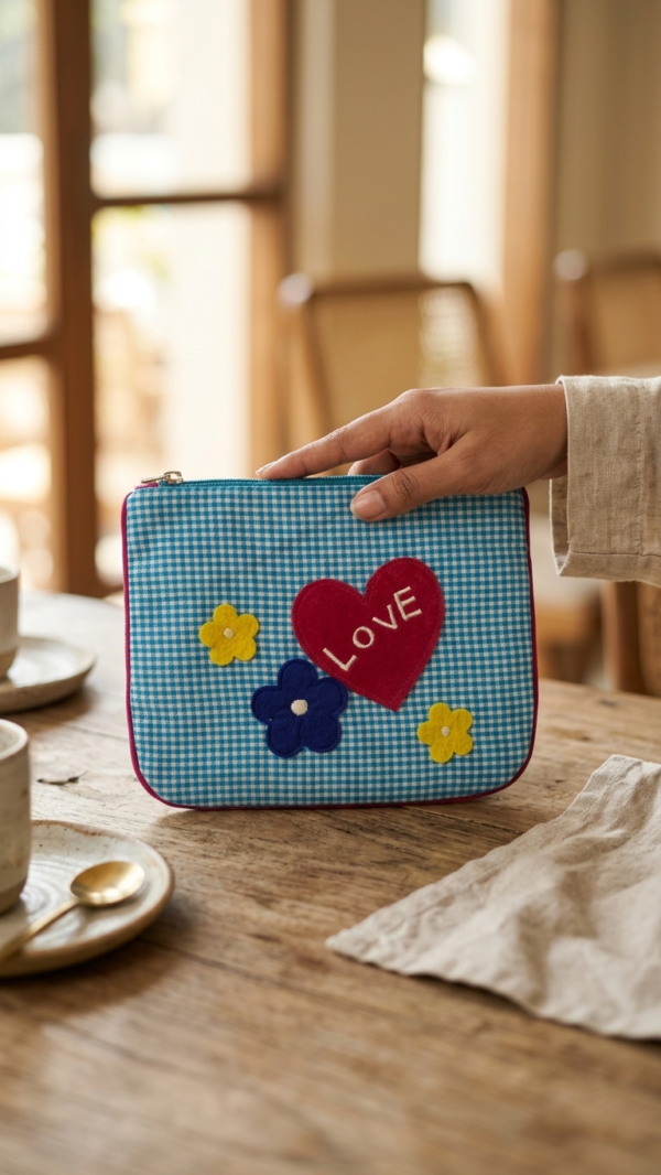 Love Bloom Gingham Zipper Pouch