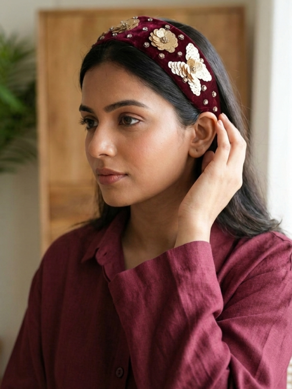 Burgundy Velvet Sequin Bloom Headband