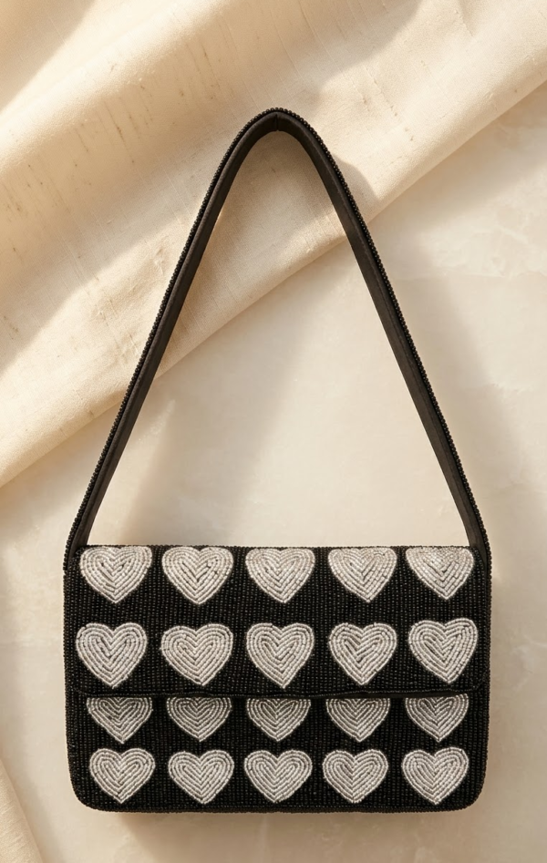 Black & Silver Heart Beaded Shoulder Bag