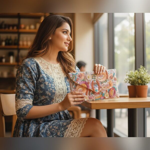 Rosé Bloom Embroidered Clutch Bag