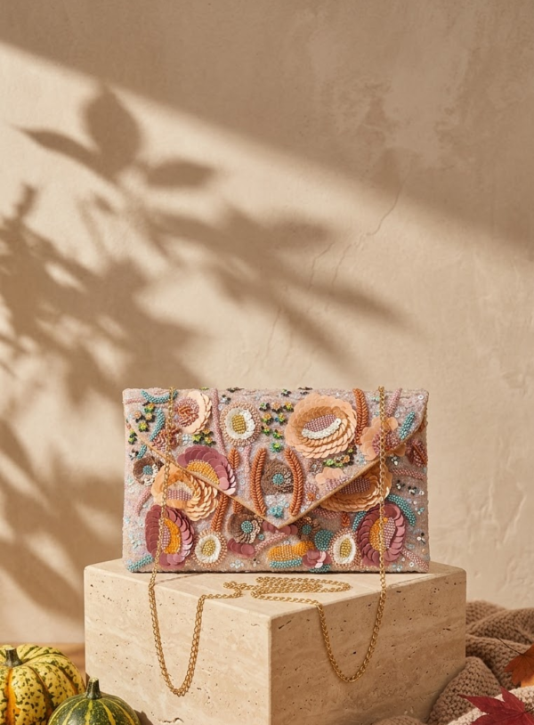 Rosé Bloom Embroidered Clutch Bag