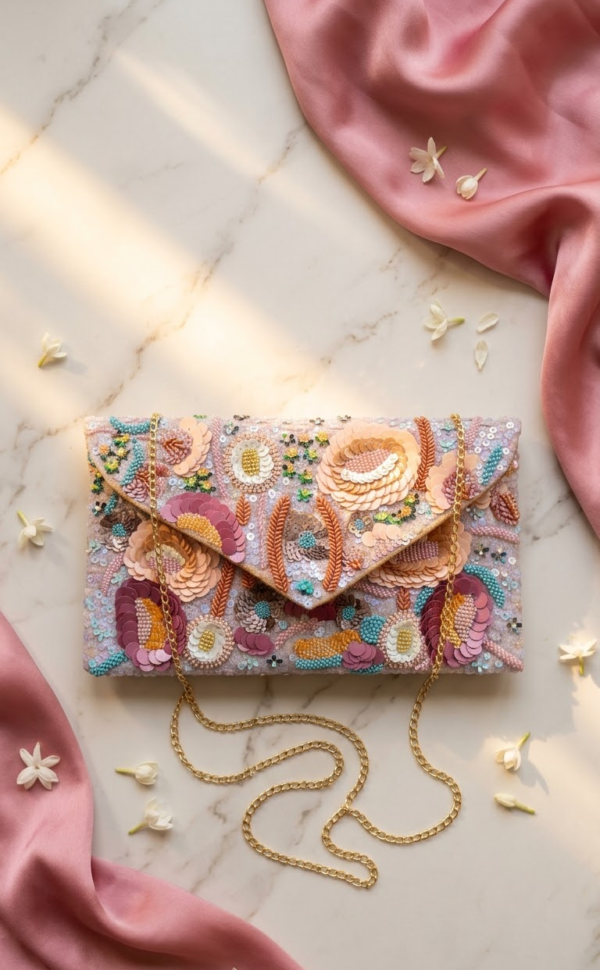 Rosé Bloom Embroidered Clutch Bag