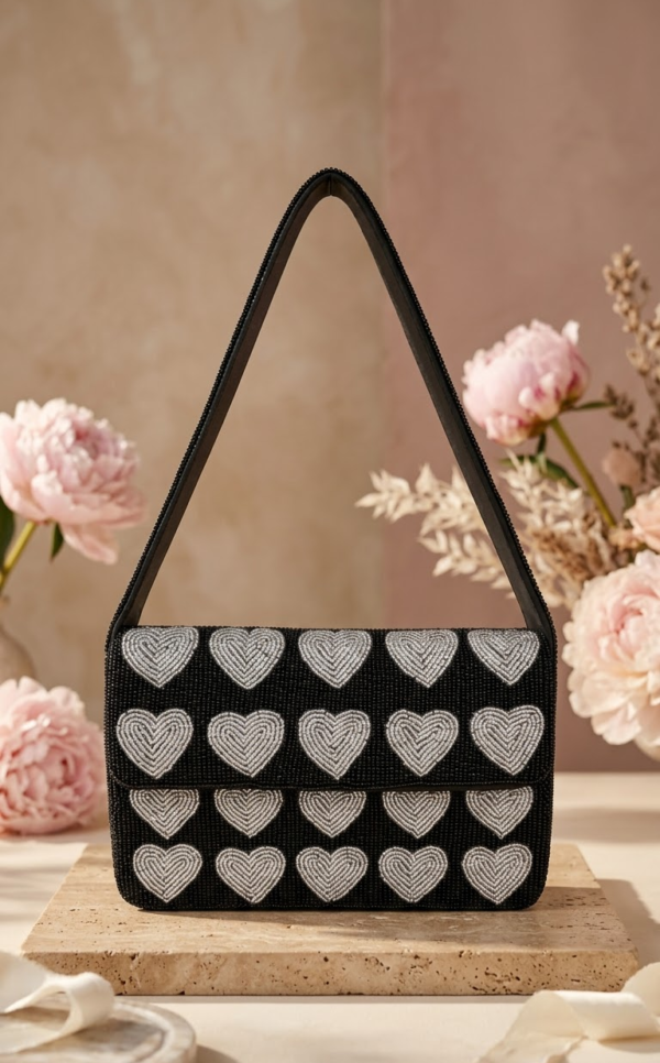 Black & Silver Heart Beaded Shoulder Bag