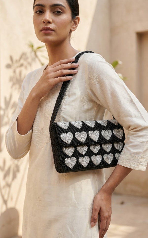 Black & Silver Heart Beaded Shoulder Bag